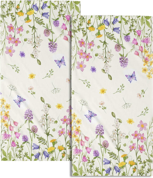 Spring Green Floral and Butterfly Hand Bath Towel Set of 2 Soft Absorbent Wildflower Flowers Print Dishtowel Pink Purple Flowers Tea Towels Cooking Wash Cloth for Kitchen Bar Gym Spa Decor 14x28 Inch