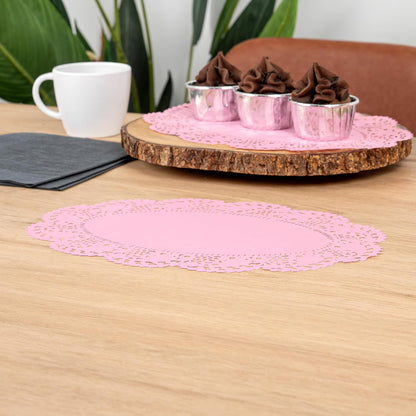 Restaurantware-Pastry Tek 12.5 x 8.5 Inch Paper Lace Doilies, 100 Oval Disposable Table Doilies - Elegant Lace Finish, Long Lasting, Pink Paper Lace Doilies, for Pastries, Cupcakes, Desserts