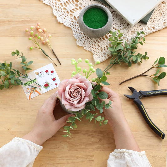 mizii DIY Small Artificial Flowers Potted Kit Fake Flower Realistic Silk Rose and Greenery with Vase for Gifts Table Centerpiece Mantle Office Desk Shelves Living Room Decorations (Light Pink)