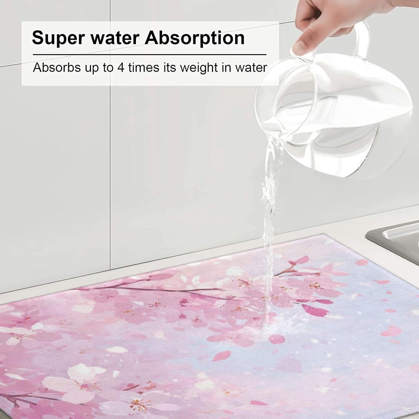 Dish Drying Mat Japanese Art Cherry Blossom Pink for Kitchen Counter Absorbent 18x24 Inch Microfiber Dishes Plate Glass Dry Draining Pad Reversible Washable