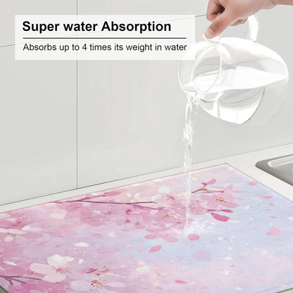 Dish Drying Mat Japanese Art Cherry Blossom Pink for Kitchen Counter Absorbent 18x24 Inch Microfiber Dishes Plate Glass Dry Draining Pad Reversible Washable