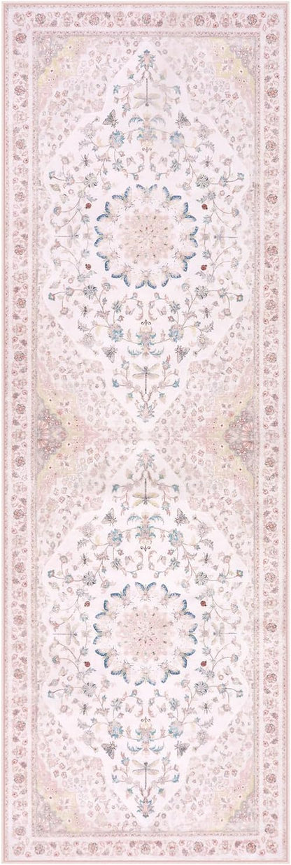 Moynesa Washable 2x6 Pink Hallway Runner Rug, Cute Girl Floral Print Runner for Home Decor, Foldable Low Pile Soft Non-Slip Floor Mat for Kids Playroom Nursery Entryway Kitchen