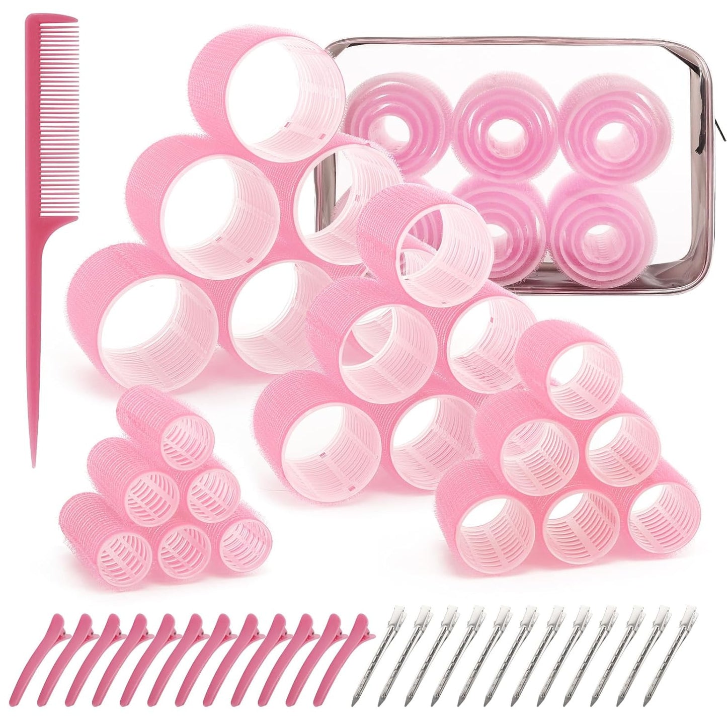 4 Sizes Hair Rollers Set with Clips - 50 Pcs Hair Curlers Rollers for Women, Self Grip Holding Hair Roller for Hair Long Medium Short Bangs Thick Fine Volume Thin, Pink