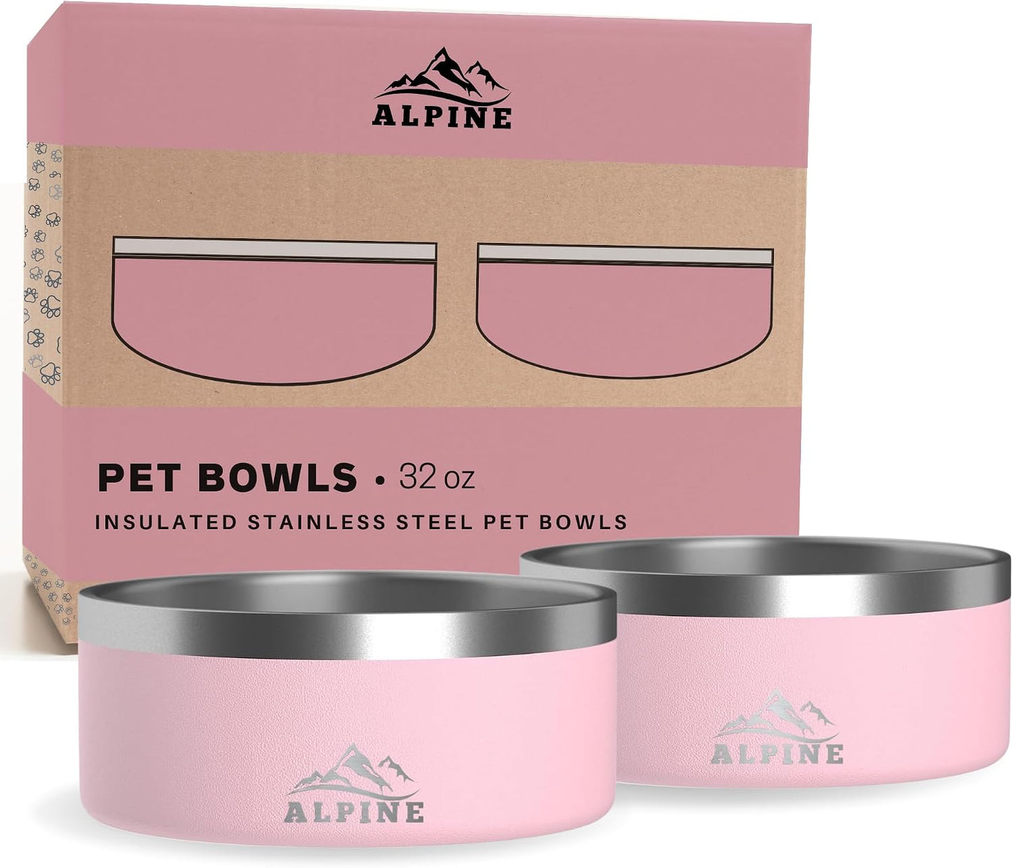 Alpine Set of 2 Stainless Steel Dog Bowls, Non Slip, Metal Pet Bowl for Food and Water, Double Walled Insulated, Rustproof, Dishwasher Safe- 32 Ounces- Pink (AB)