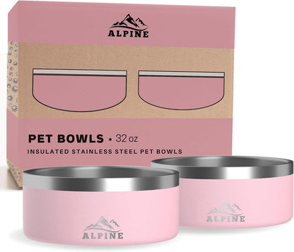 Alpine Set of 2 Stainless Steel Dog Bowls, Non Slip, Metal Pet Bowl for Food and Water, Double Walled Insulated, Rustproof, Dishwasher Safe- 32 Ounces- Pink (AB)
