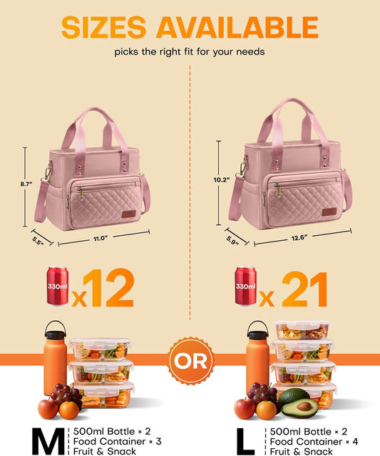 HOTOR Lunch Box for Women - Insulated Lunch Bag with Multiple Pockets, Portable Lunch Tote & Cooler with Handles & Adjustable Strap for Work, Picnic, Short Trip, 11.0" x 5.5" x 8.7", Pink