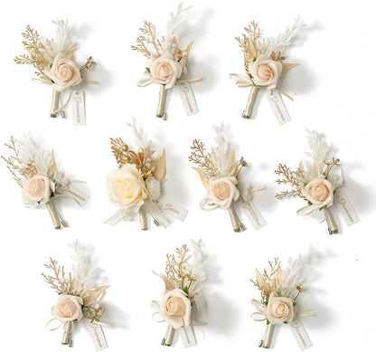 TINGE TIME Boutonniere for Men, Groom and Best Man Boutonniere for Wedding Ceremony Anniversary, Formal Dinner Party and Rustic Wedding Marriage (Champagne&Pink)