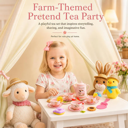 Lajeje Pink Barn Tea Party Set for Little Girls, 47PCS Farm Animal Pretend Play Tea Time Kit, Tea Sets for Toddlers 3-5 with Teapot & Story Cards, Carry Case Girls Birthday Gift, Easter Basket Stuffer