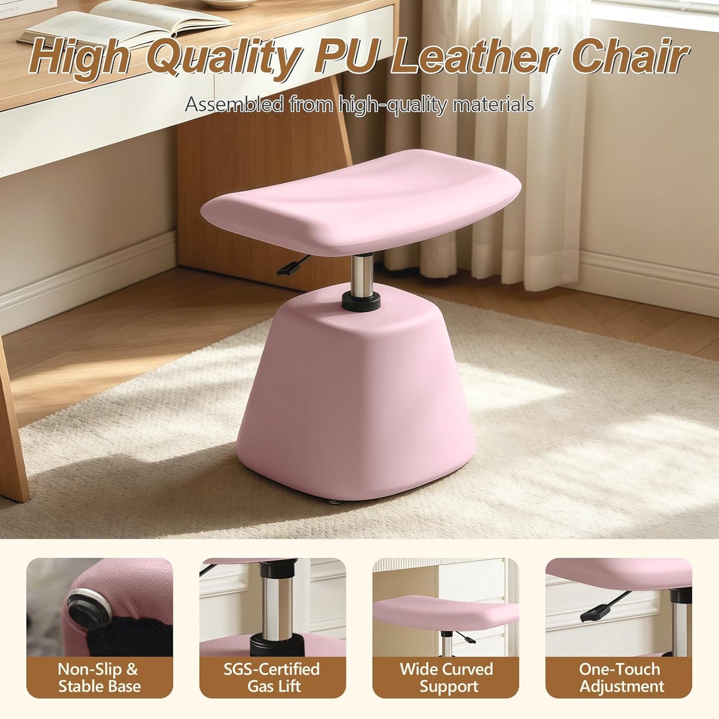 JPBSTO Small Ottoman Footrest, Modern Vanity Stool Chair Adjustable Height, Upholstered Ottoman with Soft Padded Seat Under Desk for Living Room, Vanity, Entryway, Bedroom (Pink, W-Ottoman)