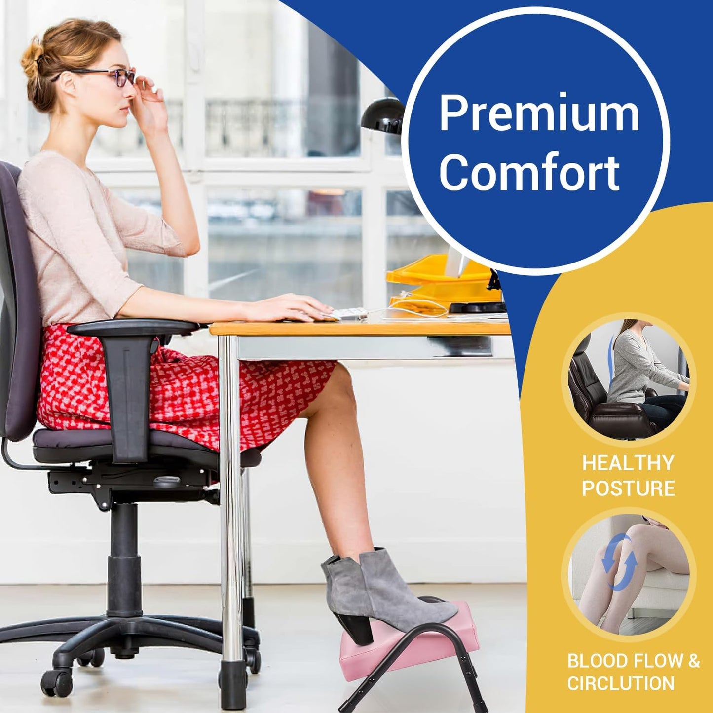 FUSLITE Foot Rest for Under Desk at Work, Ergonomic Foot Rest for Office Use, Adjustable Heights, Relieving Pain in Lower Back, Hip, Knee (Leather Pink)