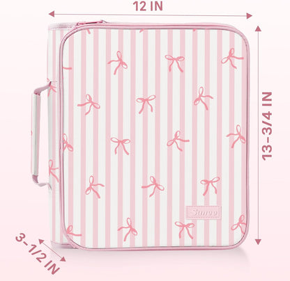 SUNEE Zippered Binder Bag with Handle, 2-Inch 3-Ring O-Ring, 500-Sheet Capacity, Includes Zip Pocket, 5-Tab Expanding File Folder, Multi-Pocket Organizer Binder for Middle School, Pink Bow