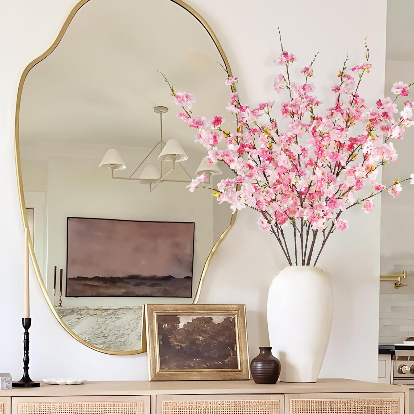 8 Pcs Artificial Cherry Blossom Flowers 40" Faux Silk Cherry Blossom Stems Fake Real Touch Peach Branches for Wedding Home Garden Japanese Decor Pink