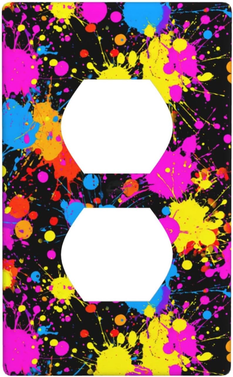 Neon Abstract Pink Blue Yellow Paint Splatter Outlet Cover Light Switch Cover Decorative 1 Gang Wall Plate For Kitchen Room Bathroom Size 4.5" X 2.75"