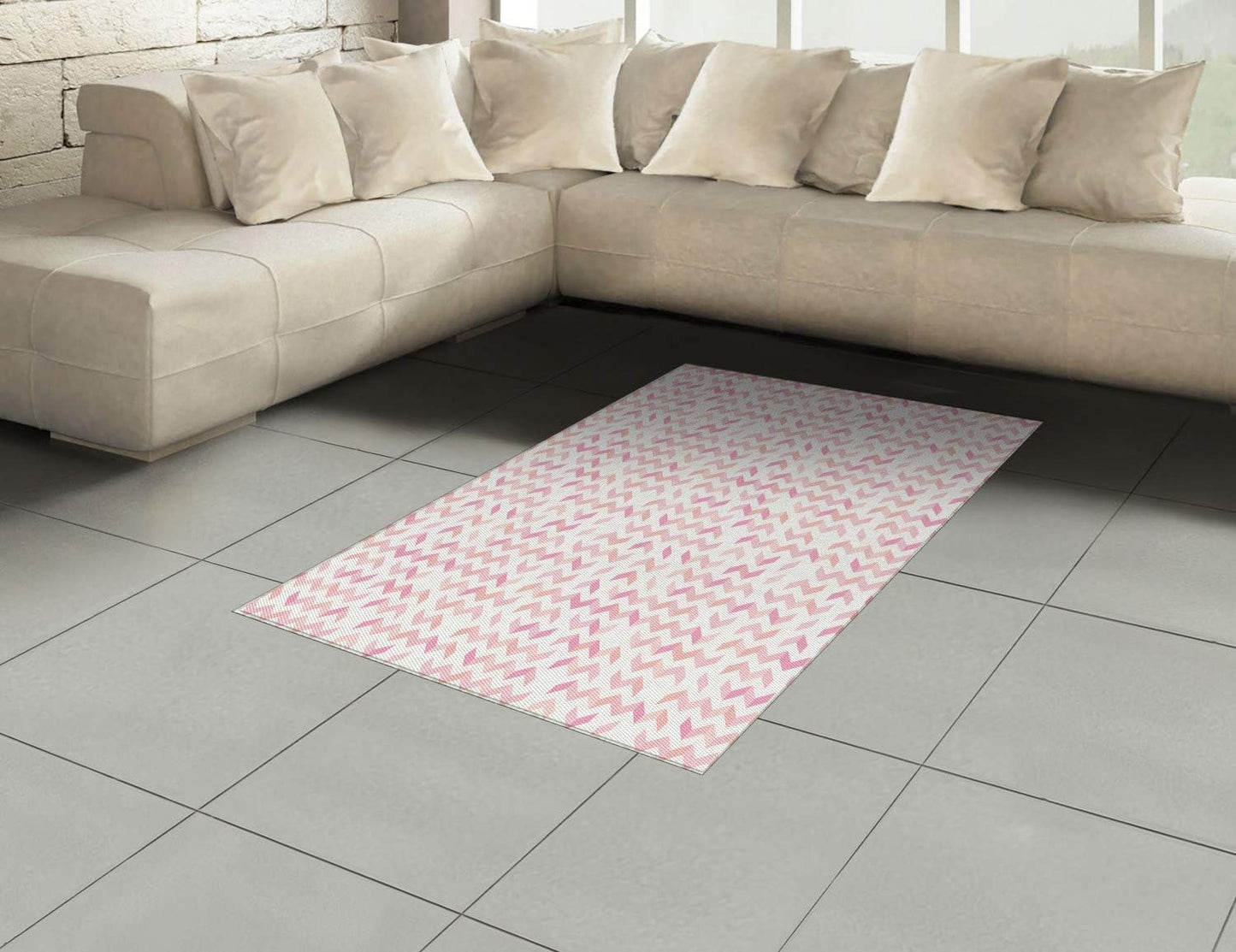 Lunarable Abstract Area Rug, Rhythmic Print of Zigzag Random Geometry Motifs Print on Plain Backdrop, Flat Woven Accent Rug for Living Room Bedroom Dining Room, 4' X 5' 7", White Rose and Peach