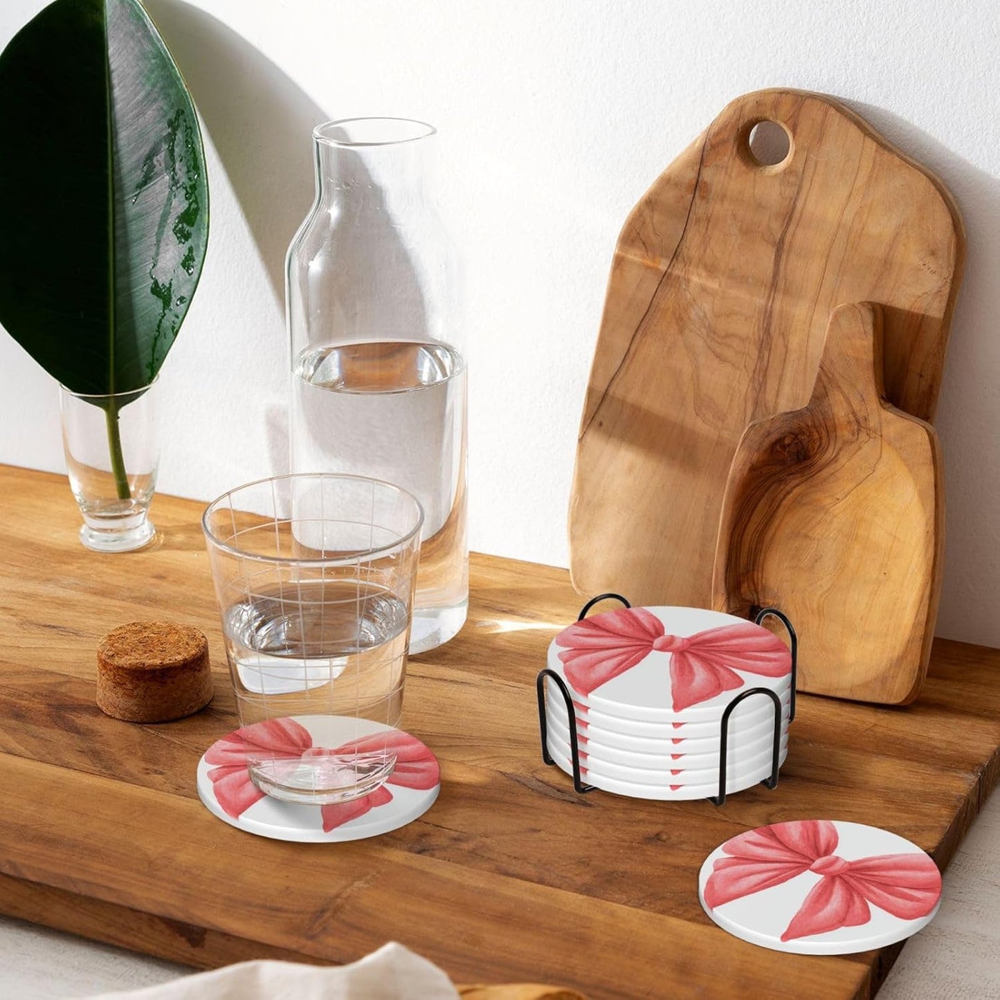 Watercolor Cute Bow Light Red and Pink Ceramic Coasters with Holder Set of 6 Coffee Cup Drink Coasters