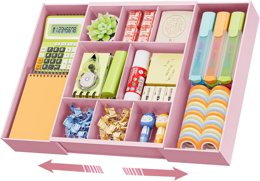 Marbrasse Expandable Desk Drawer Organizer, Clear Plastic Drawer Organizer Tray with 10 Adjustable Compartments, Desk Organizers and Accessories, 5 Drawer Dividers for Office Supplies, Makeup (Pink)