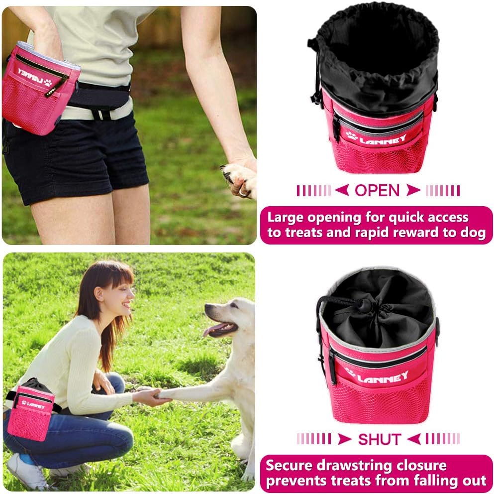 Dog Treat Pouch Pet Training Bag for Small to Large Dogs, Treat Tote Carry Kibble Snacks Toys for Training Reward Walking, Metal Clip, Waist belt, Shoulder Strap, Poop Bag Dispenser and Clicker