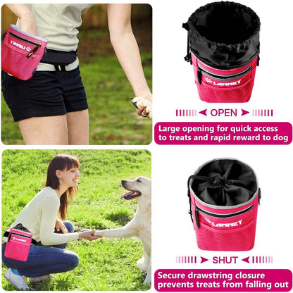 Dog Treat Pouch Pet Training Bag for Small to Large Dogs, Treat Tote Carry Kibble Snacks Toys for Training Reward Walking, Metal Clip, Waist belt, Shoulder Strap, Poop Bag Dispenser and Clicker