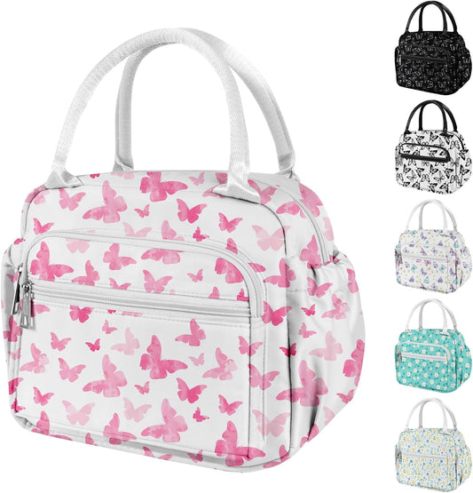 Lunch Bag Women Stylish Quilted Lunch Boxes for Adult Fit and Fresh Cooler Insulated Lunchbox for Work Cute Large 11 Liters Compact Lunchbag Waterproof (pink butterfly)
