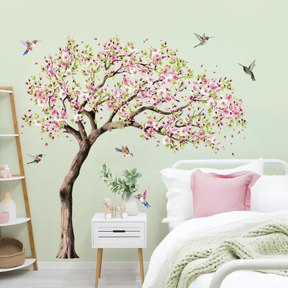 Large Cherry Flower Tree Wall Decals Spring Pink Cherry Blossom Hummingbirds Wall Stickers Peel and Stick for Girls Bedroom Living Room Kitchen Sofa TV Backdrop Decoration Gift for Mom