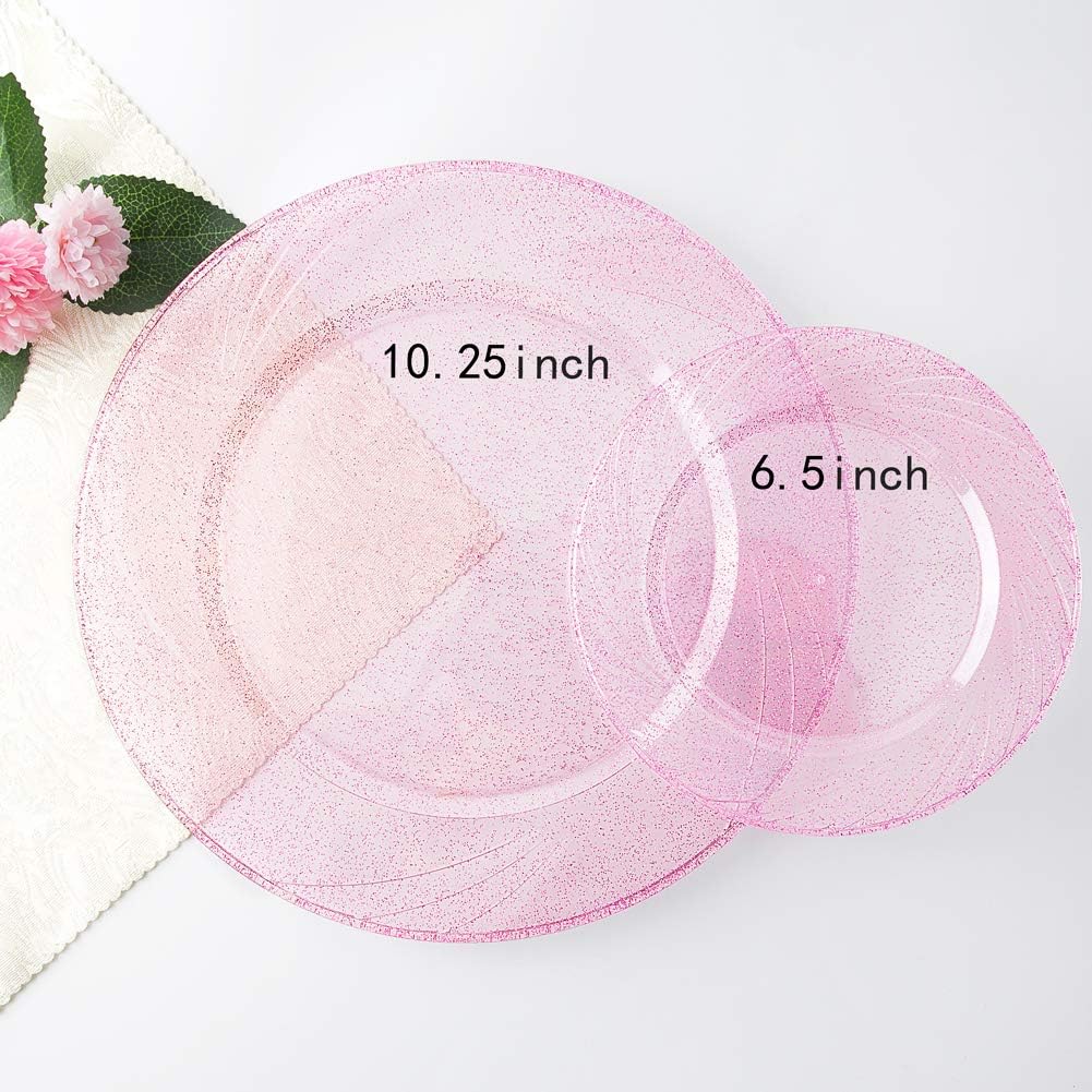 WDF Rose Gold Pink Plastic Plates with Pink Plastic Silverware include 40 Dinner & Salad Plates, 40Forks, 40 Knives, 40 Spoons for Party Baby Shower Wedding Spring