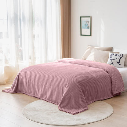 DISSA Fleece Blanket Twin Size – 60x80, Pink - Soft, Plush, Fluffy, Fuzzy, Warm, Cozy – Perfect Throw for Couch, Bed, Sofa - with Pompom Fringe - Flannel Blanket