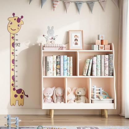 Treocho Kids Bookshelf and Toy Storage Orangizer, 3-Tier Wooden Children's Bookcase with Curve Design, 5 Cubbies Toy Storage Cabinet Display with Legs for Children's Room, Playroom, School, Pink