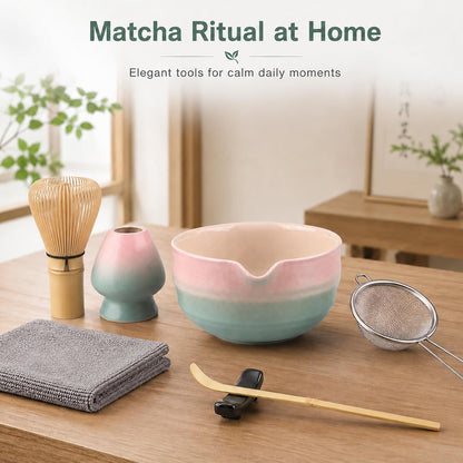7pcs Matcha Set, Matcha Whisk Set - Matcha Whisk Bamboo, Whisk Holder, Matcha Bowl, Scoop, Sifter, Absorbent Cloth - Japanese Tea Ceremony Set for Home Use or as a Gift, Gradient Pink-Blue