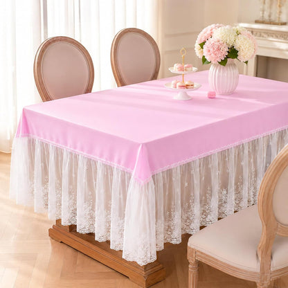 Mindsoft Pink Lace Ruffle Tablecloth 52 x 70 Inch, French Floral Edge Rectangular Table Cover, Washable Polyester Table Linen for Tea Party Baby Shower Bridal Shower Wedding Dessert Tables Decor