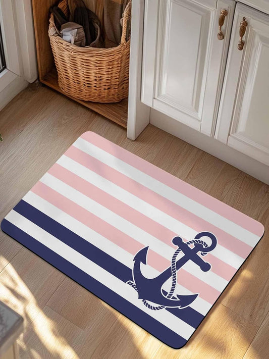 Anchor Pink Doormat Bath Mat Quick Dry Non Slip Rug with Rubber Modern Navy Blue White Striped Nautical Water Absorbing Mat for Bathroom Kitchen Front Door Laundry Room 30" x 18"