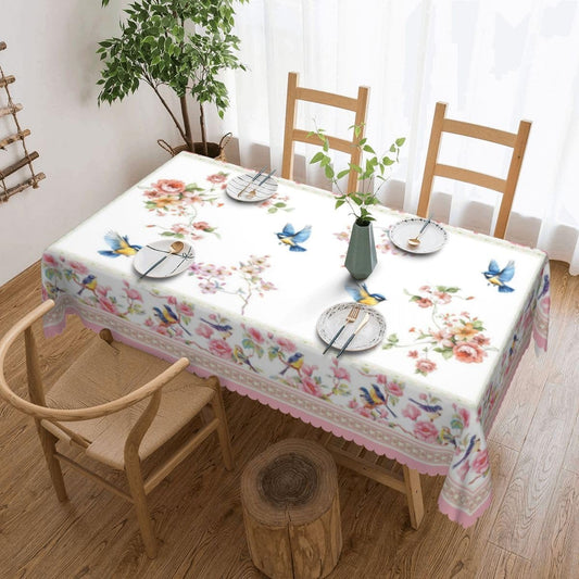 Spring Floral Tablecloth, Seasonal Flower Bird Pink Vintage Elegant Boho Watercolor Water Resisitant Wipeable Table Cover for Dining Kitchen Living Room Home Party Holiday Decor 60x108 inch Rectangle