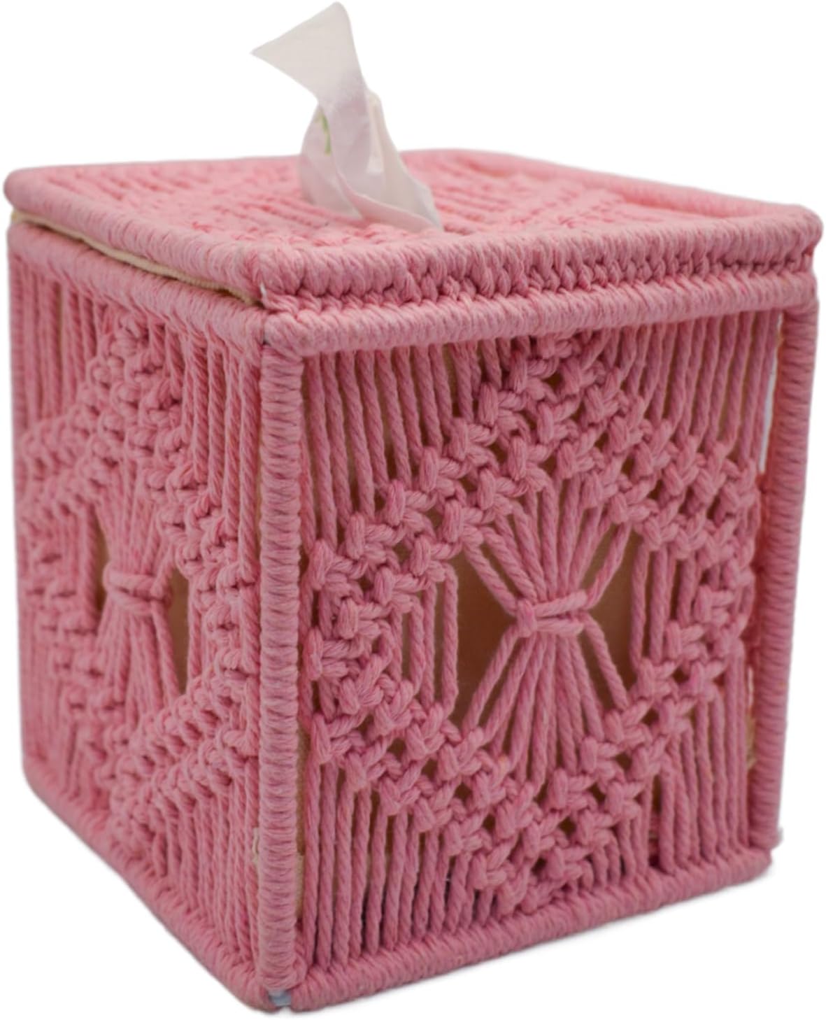 Handwoven Macrame Tissue Box Cover Boho Square Cute, Decorative Holder for Bathroom, Bedroom, Office with Flip-Top Lid & Closed-Bottom Design, 5.5"x5.5"x6" (Pink)