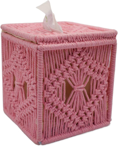 Handwoven Macrame Tissue Box Cover Boho Square Cute, Decorative Holder for Bathroom, Bedroom, Office with Flip-Top Lid & Closed-Bottom Design, 5.5"x5.5"x6" (Pink)