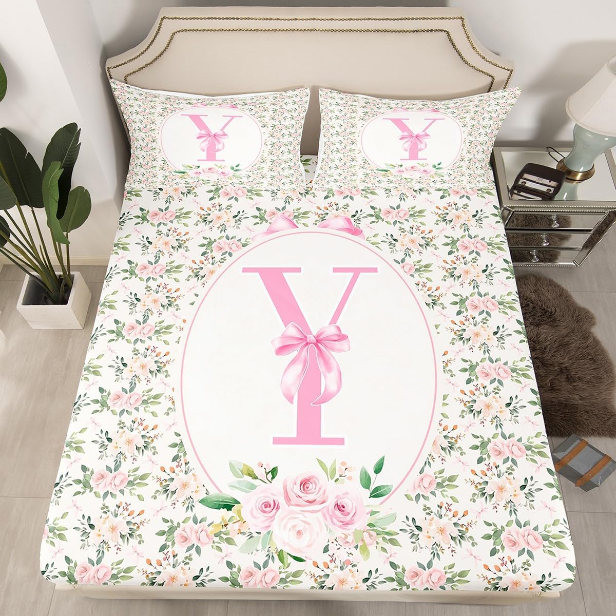 Erosebridal Letter Y Fitted Sheet Twin Size Peach Blossom Bed Sheets Kawaii Girly Bowknot Coquette Bedding Set for Kids Girls WomenPreppy Princess Bow Cute Fashion Sheets