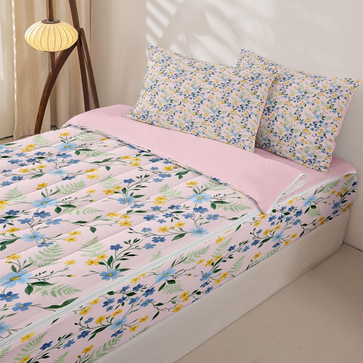 Erosebridal Country Wildflower Zippable Comforter Peach Pink Floral Twin Bedding Bohemia Bed Set with Sheets Botanical Bed in a Bag Bedroom Decor