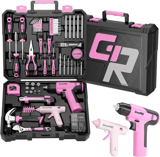 GRENPRO Pink Tool Set Drill Set, 188PCS Tool Kit For Home with Pink Cordless Drill Power, Hand Tool Kit for Women, Basic Household Auto Car Repair Tool Box for Men, Portable Storage Box Tools Sets