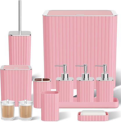 Bathroom Accessory Set - Bathroom Set, 12PC Bathroom Accessories Set, Pink Bathroom Accessories Set, Mini Trash Can, Toilet Brush, Trash Can & Soap Dispenser