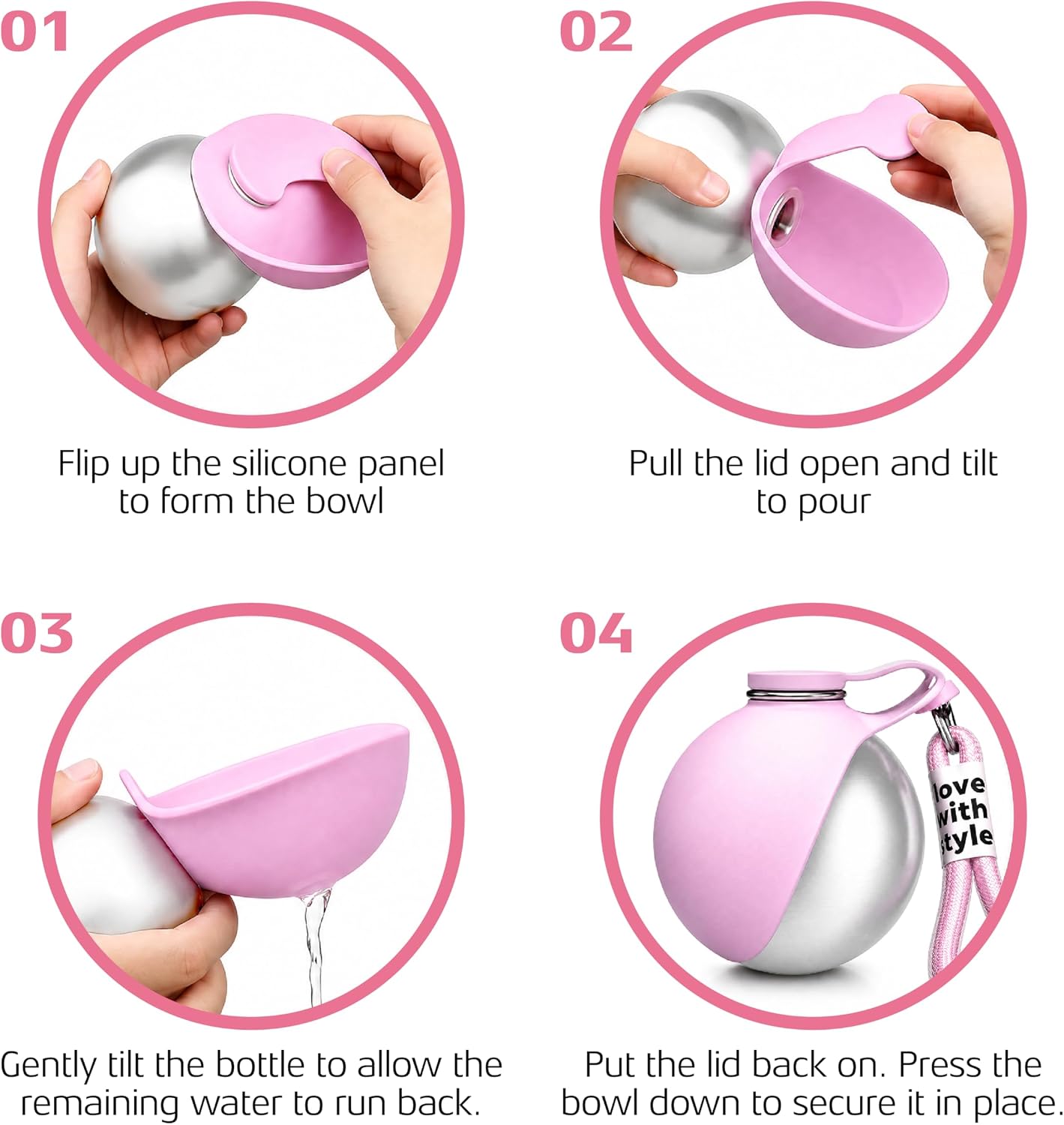 Portable Dog Water Bottle for Walking, 10oz Stainless Steel Pet Water Dispenser with Foldable Silicone Bowl, Leak-Proof Puppy Water Bottle for Small Dogs&Cats,Travel Hiking Outdoor Use(Pink)