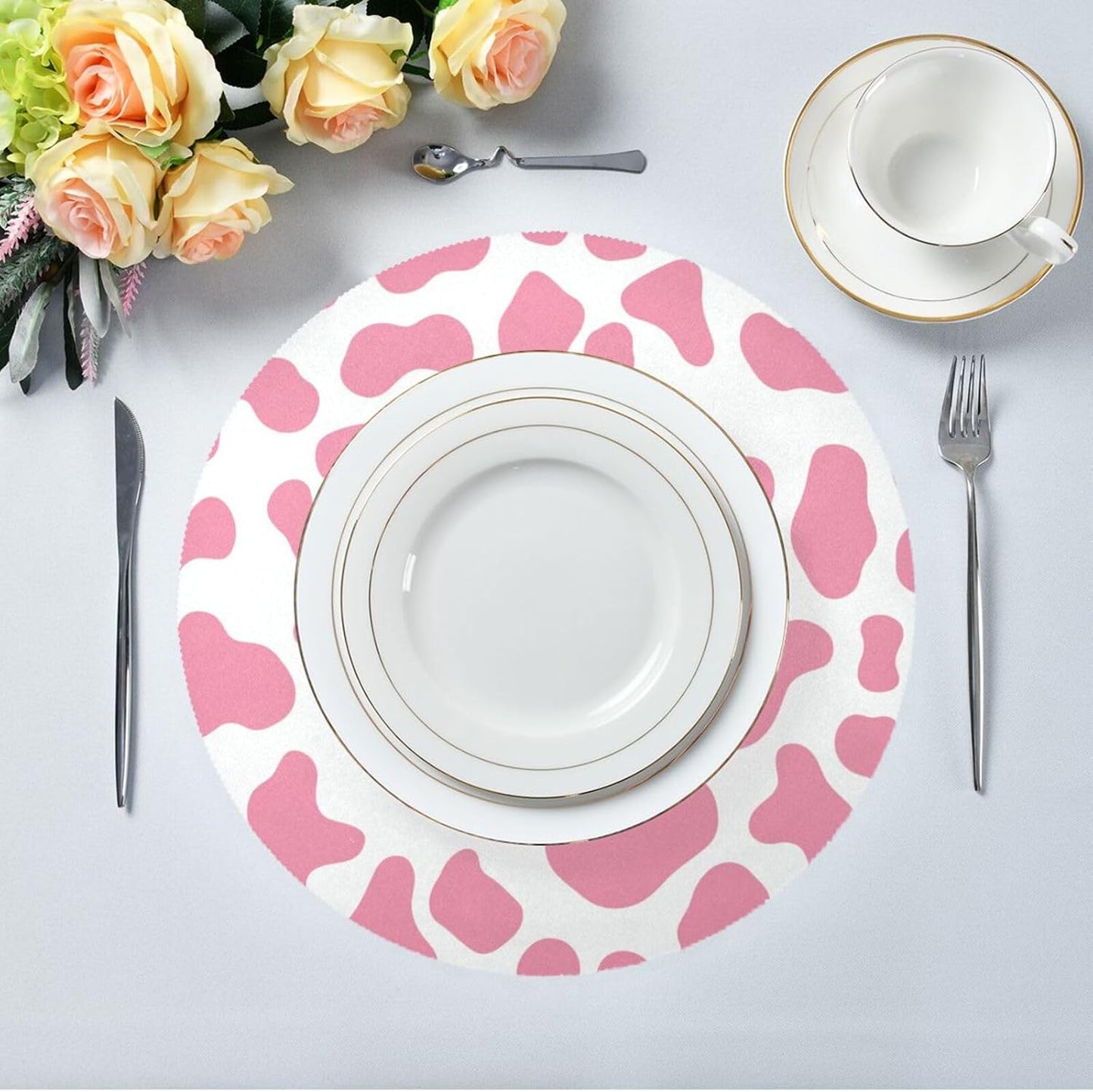 Peach Cow Pattern placemates round waterproof place mat christmas porta platos para mesa 15.4x15.4in set of 6