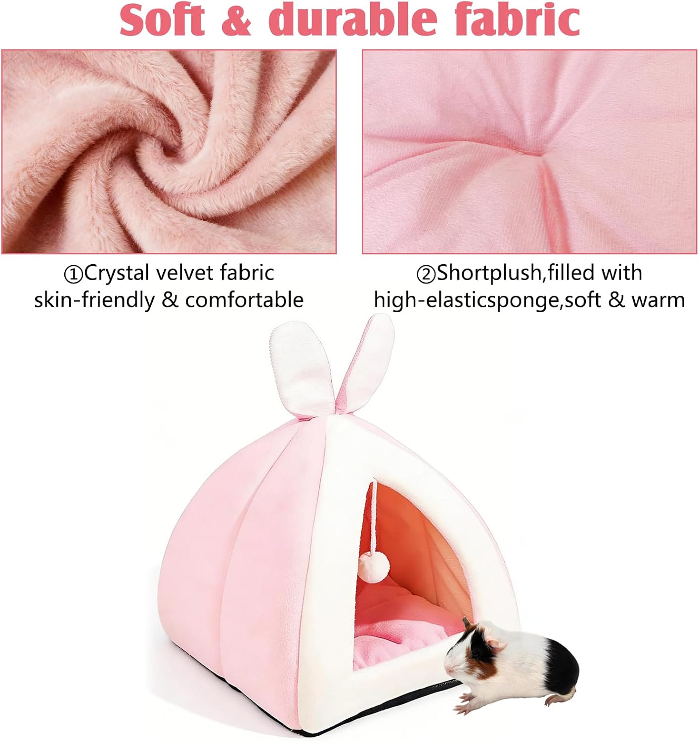 Fhiny Rabbit Bed Cave Cozy Guinea Pig Hideout Cute Bunny Bed Large House Winter Nest Dwarf Rabbit Cage Accessories for Chinchilla Ferret Hedgehog or Other Small Animals（Pink）