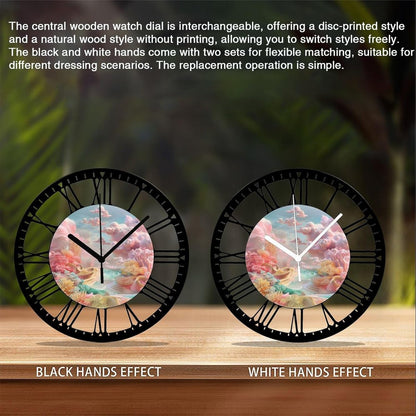 Metal Wall Clock for Living Room -10" Pastel Coral Landscape Pink Clouds Silent Non Ticking,Battery Operated, Antique Clocks for Farmhouse,Bedroom,Kitchen - Rome Numerals