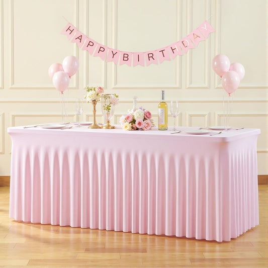 6ft Pink Spandex Tablecloths for Rectangle Tables Wrinkle Free Pink Table Cloth Rectangle Stretch Fitted Table Cover with Skirt for Baby Shower Girl Birthday Party Wedding Banquet Buffet Event