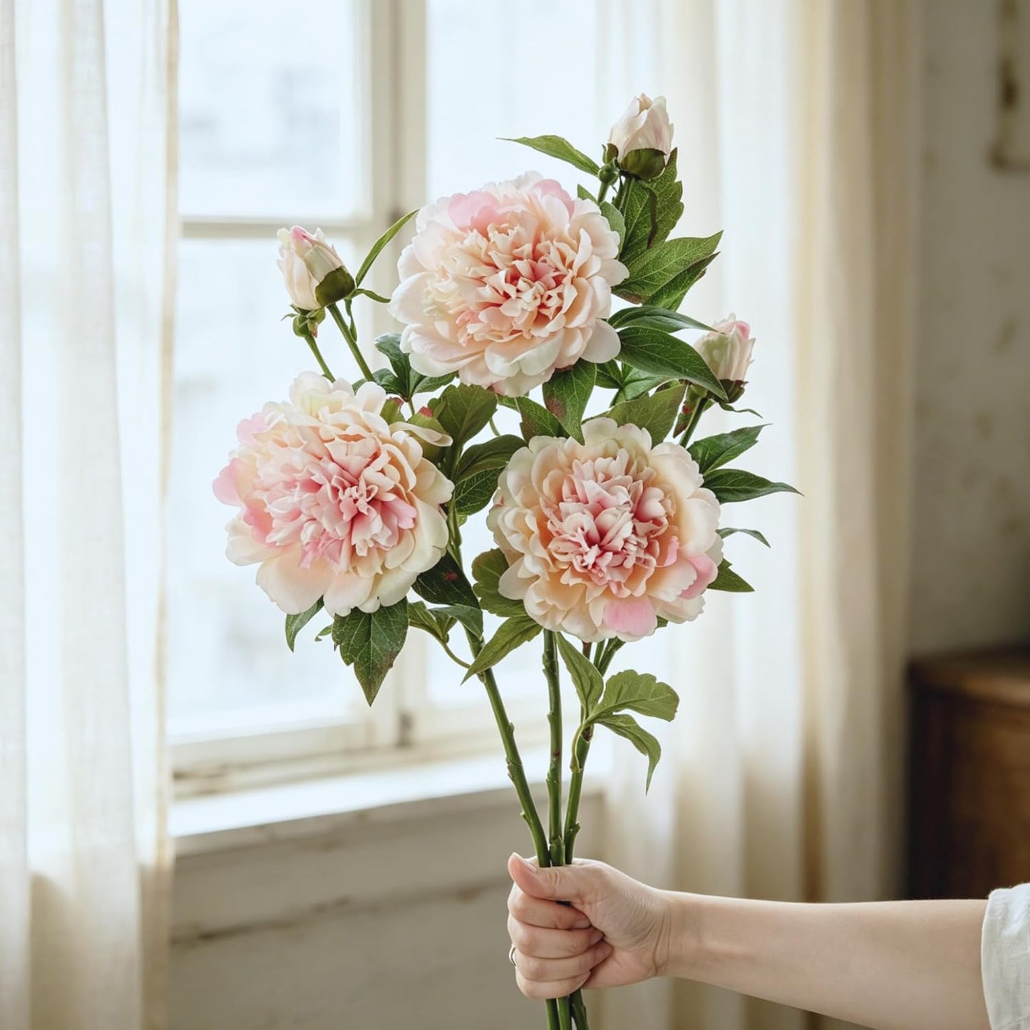 3 Pcs Real Touch Peonies Artificial Flowers, 5.1'' Large Bloom Champagne Pink Faux Penoy Bouquets, Realistic Fake Silk Peonies with Long Stem for Tall Vase, Wedding DIY, Home & Office Decor