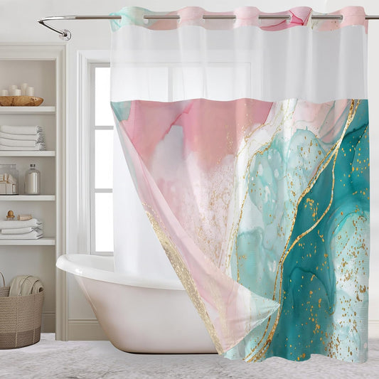 HVEST Pink Teal Marble No Hook Shower Curtain and Liner Set Abstract and Modern No Hook Shower Curtain with Snap in Liner Pink and Green Marble Shower Curtains for Bathroom,72 x 74 inch