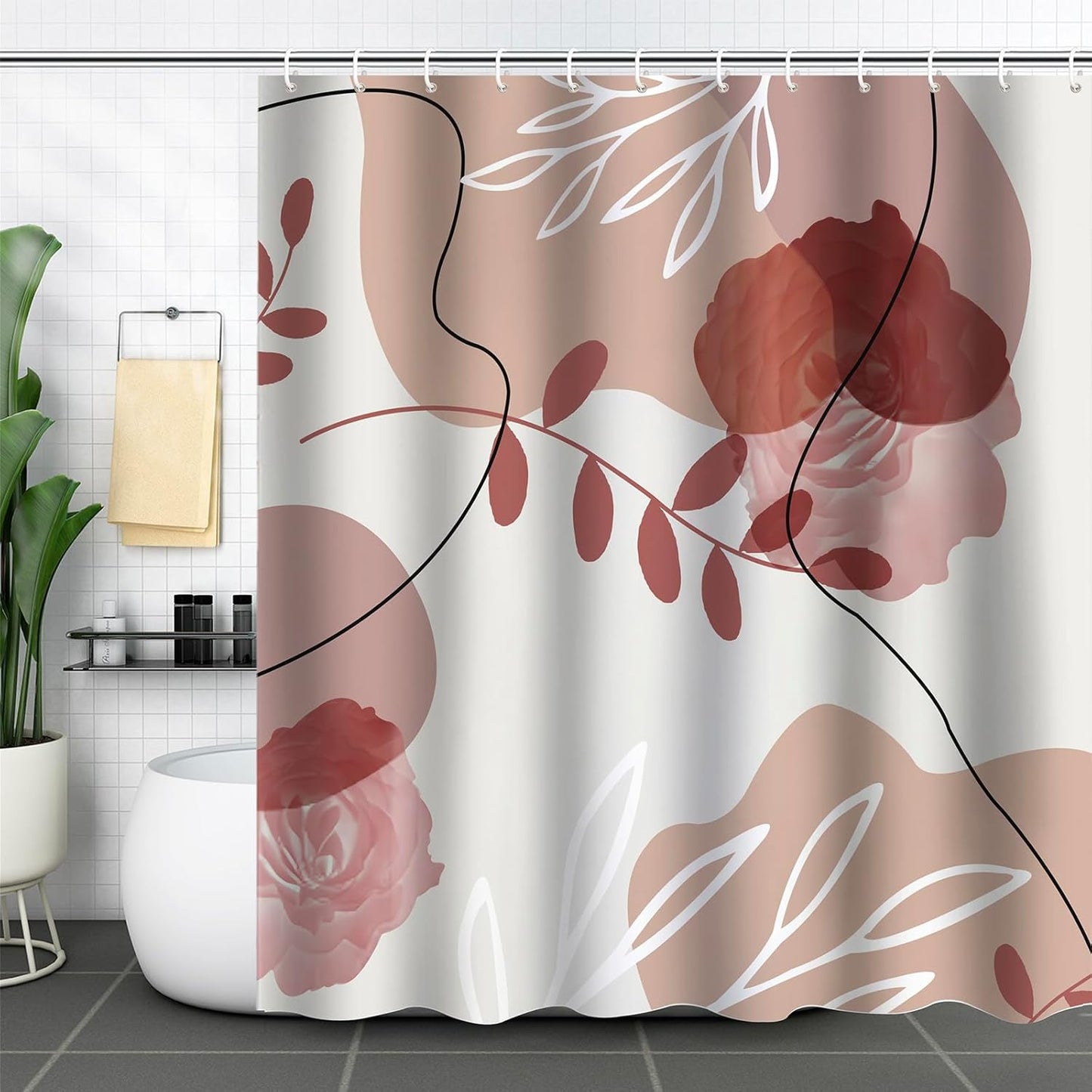 Abstract Boho Pink Brown Shower Curtain Mid Century Modern Minimalistic Leaves Aesthetic Shower Curtains for Bathroom Waterproof Polyester Fabric Bath Curtain 72 x 72 Inch with 12 Hooks