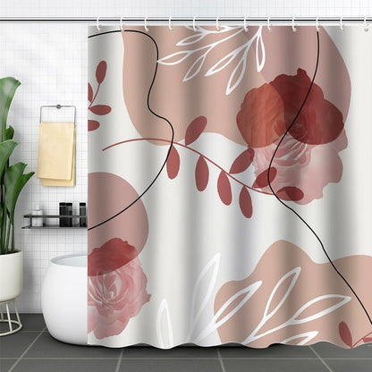 Abstract Boho Pink Brown Shower Curtain Mid Century Modern Minimalistic Leaves Aesthetic Shower Curtains for Bathroom Waterproof Polyester Fabric Bath Curtain 72 x 72 Inch with 12 Hooks