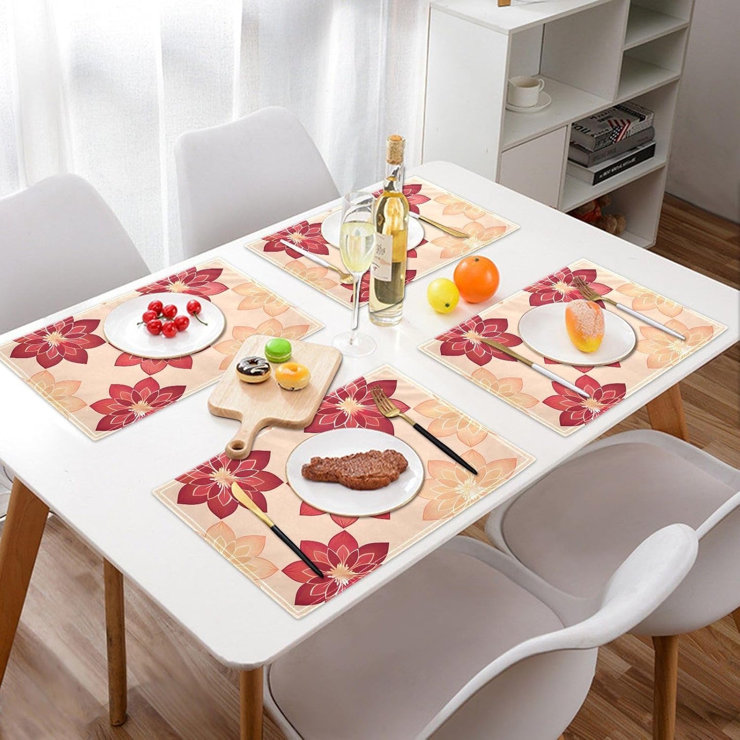 Table Placemats Set of 4 Geometric Flowers Peach Pattern Cotton Linen Cloth Washable Table Mats Heat Resistant Reusable Place Mat for Kitchen Dining 12x18 Inch
