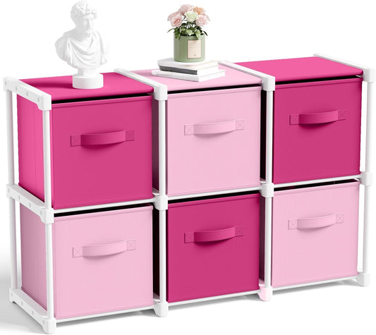Briwooody 6 Cube Storage Organizer Bins with Shelf 11x11 Cabinet Drawer Dresser Closet Organizer and Storage Fabric Toy Boxes for Nursery Playroom Back to School Dorm for Clothes (Pink,Rose)