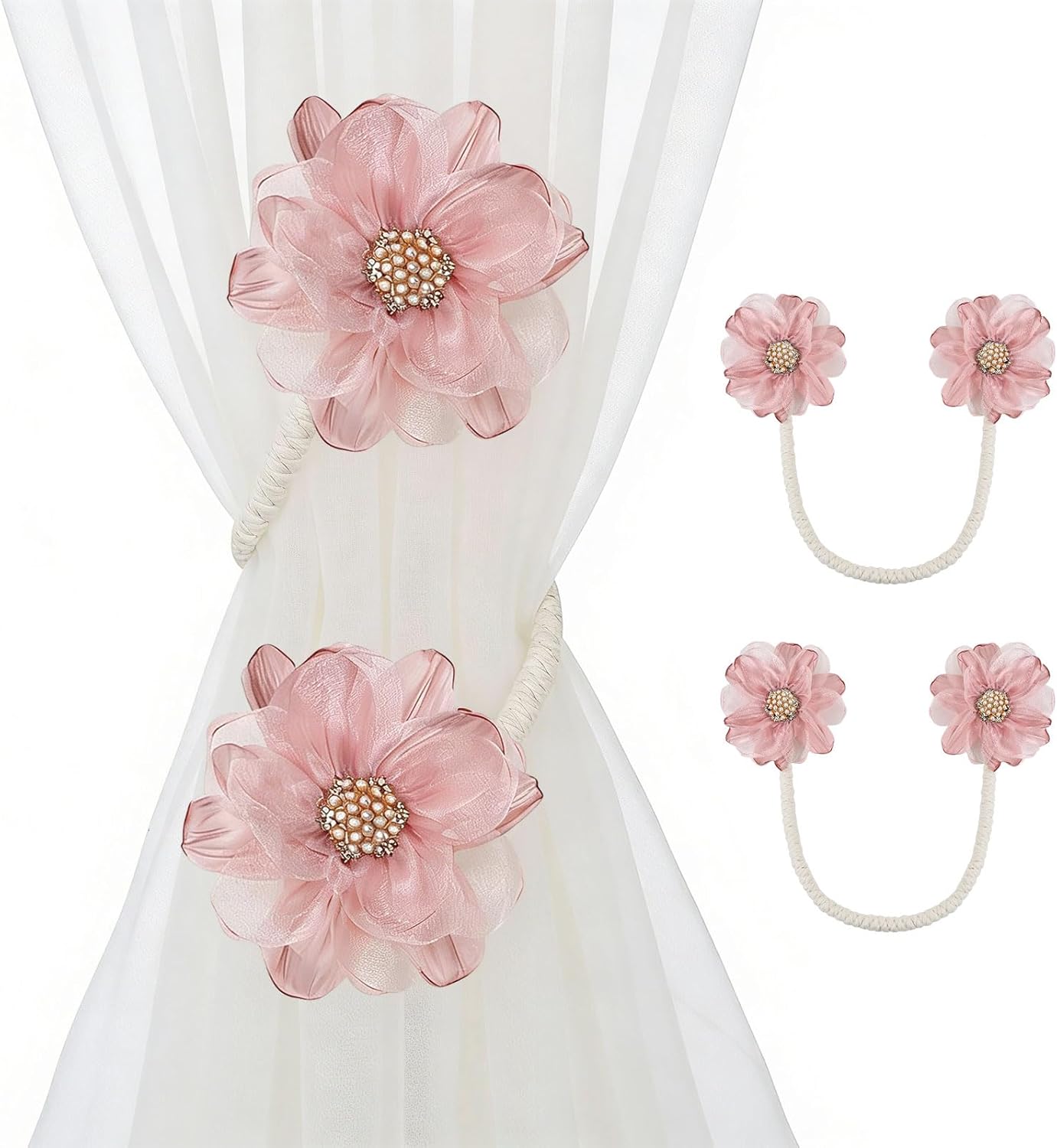 AULEEP 2 Pack Flower Curtain Holdbacks, No Drill Curtain Tiebacks for Drapes, Premium Fabric Curtain Ties, Decorative Curtain Tie Backs for Home Living Room Bedroom Nursery, Pink