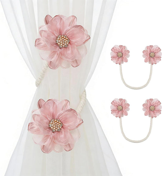 AULEEP 2 Pack Flower Curtain Holdbacks, No Drill Curtain Tiebacks for Drapes, Premium Fabric Curtain Ties, Decorative Curtain Tie Backs for Home Living Room Bedroom Nursery, Pink